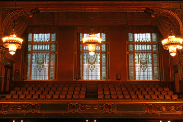 old auditorium window, gold and velvet decoration