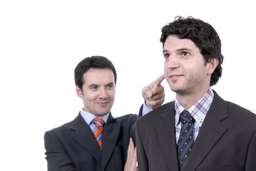 two young business men portrait on white. focus on the right man