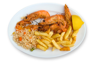 Menu of shrimp, rice and french fries