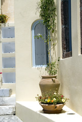 santorini house  with flowers greece greek islands  