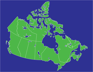 a basic map of canada with water in  blue and land in green
