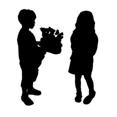 Silhouette boy & girl with flowers, vector illustration