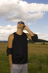 a young man on rollerblades is calling