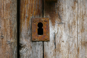 Old iron rust lock on old wooden door