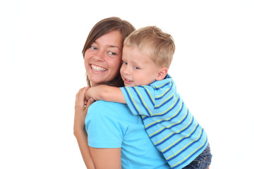 mother and son - happy together - isolated on white