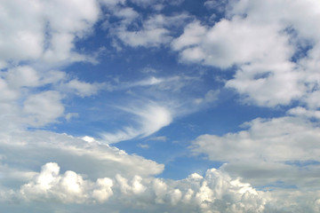 Blue sky and fluffy white clouds background.