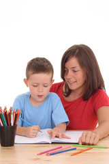 mother and 5 years old son drawing together isolated 