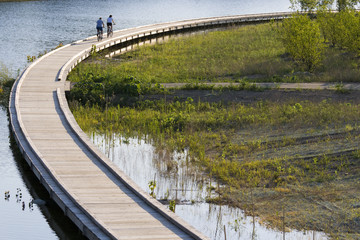 Fototapeta premium Bicyclists are riding along the boardwalk