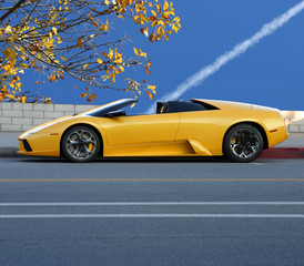 Yellow modern sporty car, fall in California