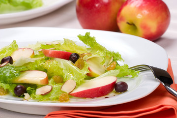 Fall salad with apples, almonds, raisins  and black olives