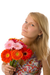 the young woman with flowers on white background