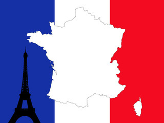 map of France on French flag with Eiffel Tower background