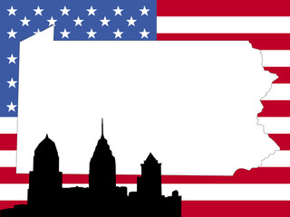 map of Pennsylvania on American flag with Philadelphia