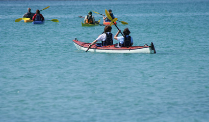 group of people kayaking in summer in turquoise waters