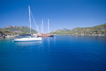 Boats anchored at a bay in the Turkish Mediterranean