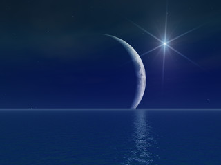Obraz na płótnie Canvas Bright Star and moon over Sea