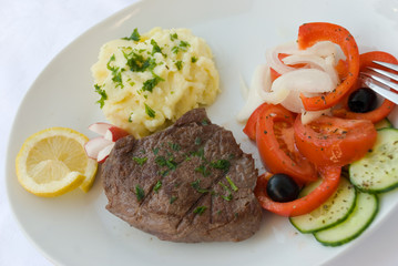 Steak with Vegetable,Salat,Potato Puree 3
