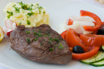 Steak with Vegetable,Salat,Potato Puree 2