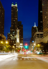 Michigan Ave in downtown Chicago at night.