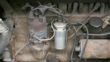 Engine parts of an old antique tractor.