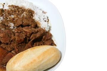 shot of a plate of stew with bread and rice on white