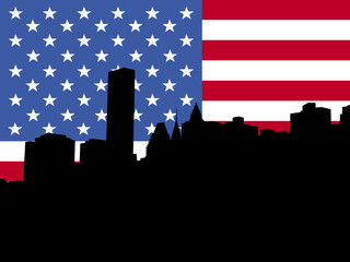 Midtown Manhattan skyline with American flag illustration