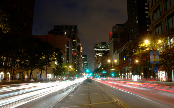 Michigan Ave in downtown Chicago at night.