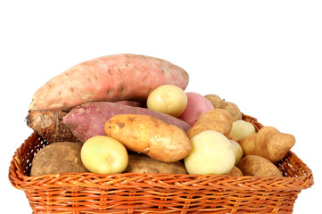 A cane basket of potatoes of all kinds