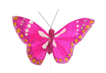 Pink sparkly butterfly, isolated on white.