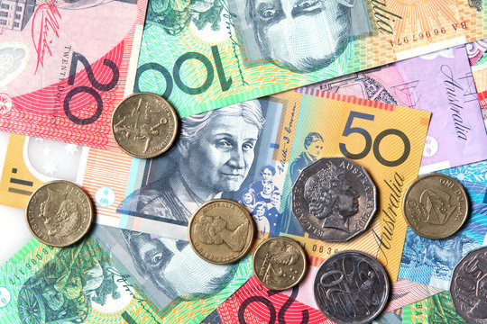 Full-frame of Australian notes and coins.