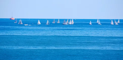 Crédence de cuisine en verre imprimé Naviguer Cluster of racing sailboats on a Great Lake