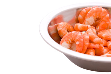 Peeled prawns in a metal bowl