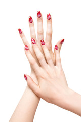 Woman hands with painted nails. Isolated on white.