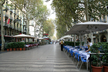 Naklejka premium Rambla street in morning. Barcelona, Spain.