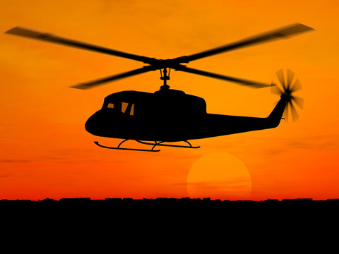 Helicopter 3d military over orange sky