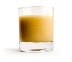 Glass with pear juice on white background