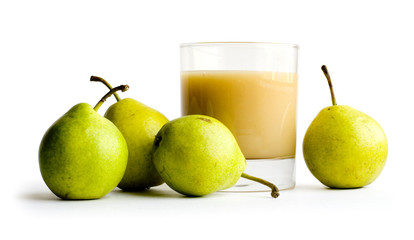 Four pears and juice on white background