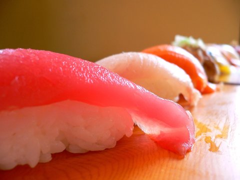 A row of fresh delicious sushi