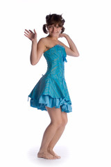 dancing girl in blue dress isolated on white background