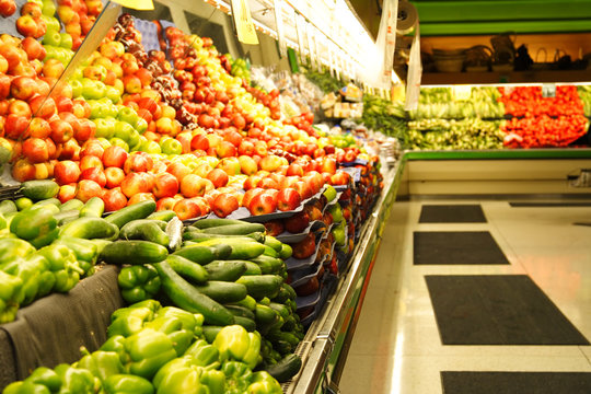 A Shot Of Fruit And Vegetables Section In A Grocery Store