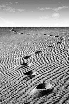 fussabdr&uuml;cke im welligen sand der w&uuml;ste