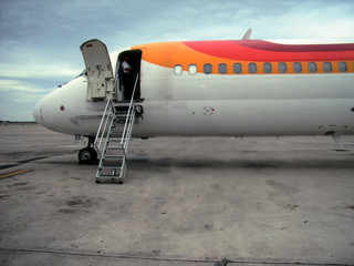 a plane in a lonely place with open door and man standing