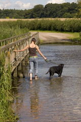 Obraz na płótnie Canvas Country Girl i jej czarny pies przekroczyć bród w lecie