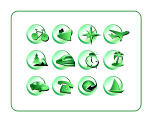 Travel Icon Set, Green. Digital illustration from scratch.