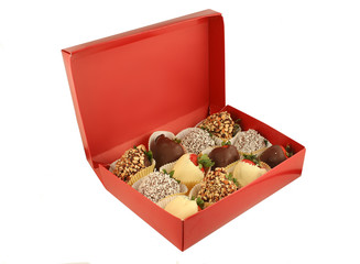 isolated box of large strawberries dipped in chocolate, 