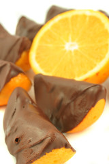 sections of oranges dipped in dark chocolate