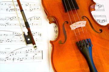 Fototapeta na wymiar Violin and a Bow on a Music Sheet