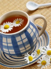 Fototapeta na wymiar Cup of herbal tea - chamomile and flowers