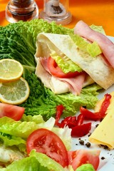 grilled chicken and vegetables wrapped in a whole wheat tortilla