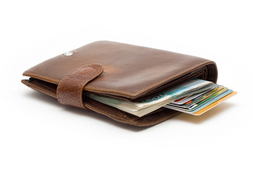Purse with credit cards on a white background